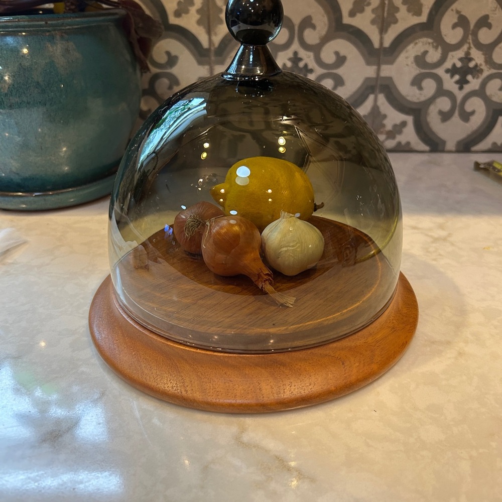 Mid-Century Modern Smoky Glass Dome Cloche with Wooden Base-EUC - Picture 8 of 9
